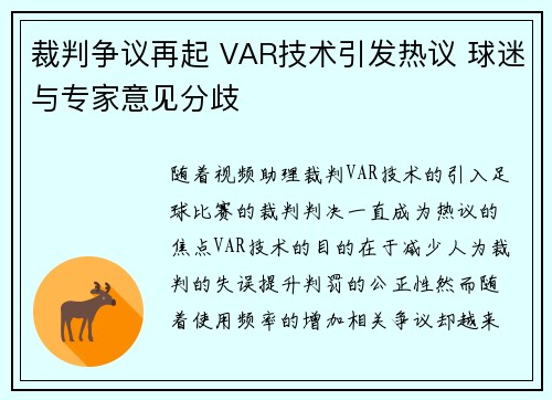 裁判争议再起 VAR技术引发热议 球迷与专家意见分歧